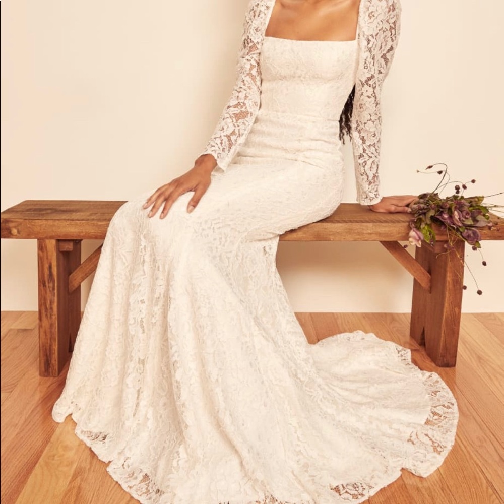 Long sleeve lace Reformation wedding dress
